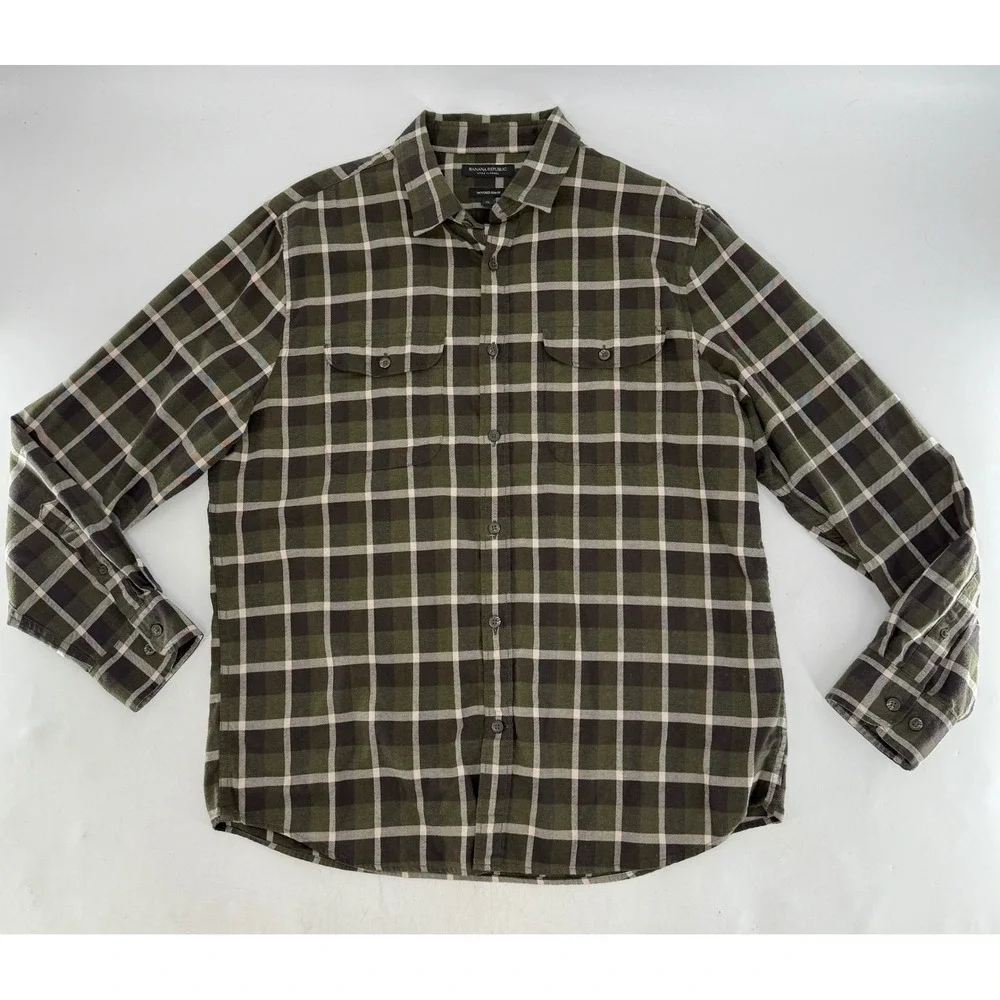 Banana Republic Luxe Flannel Untucked Slim Fit Plaid‎ Button Down Shirt XL